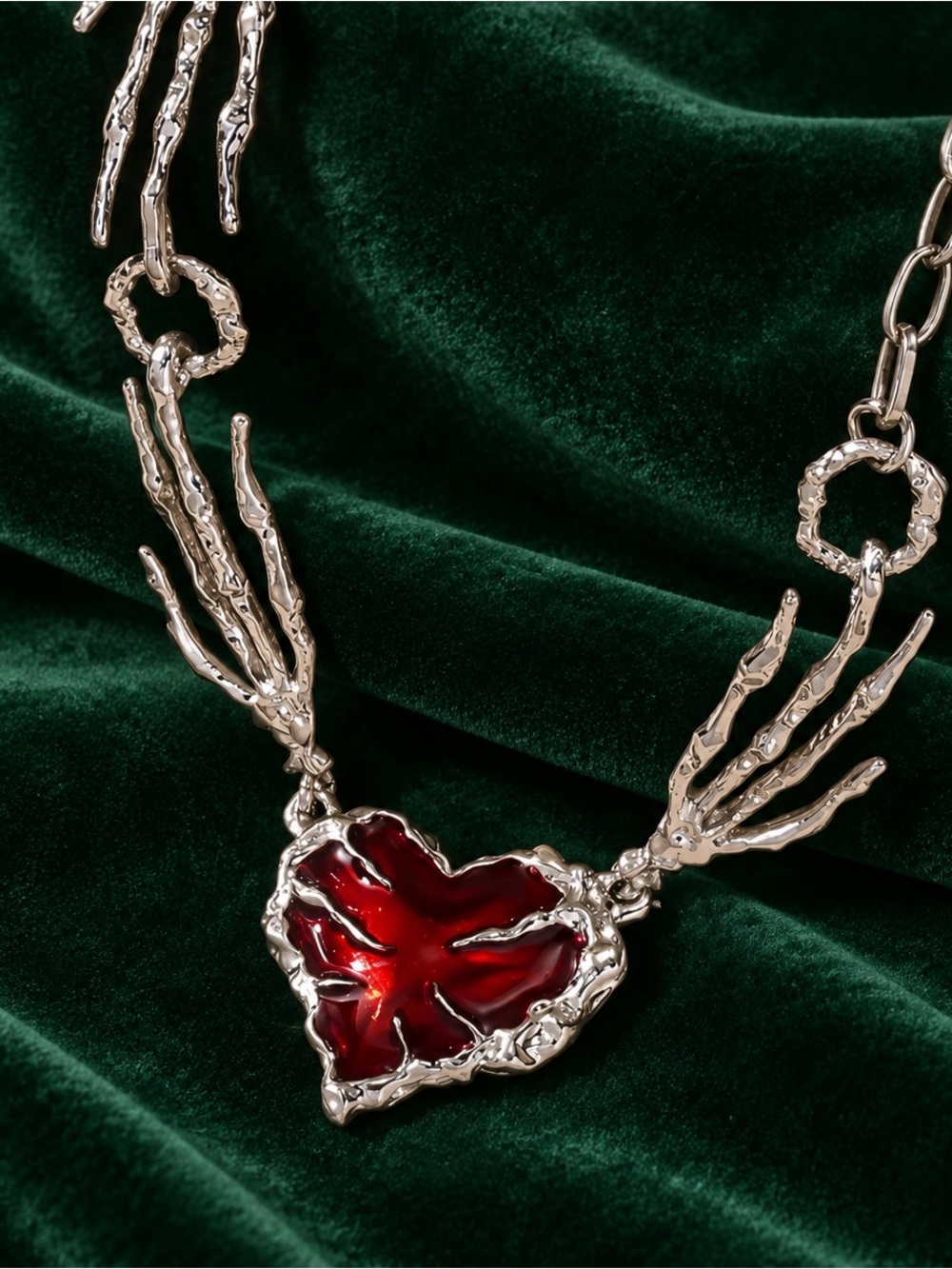 Silver Skeleton Hands Necklace with Red Heart Pendant - Gothic Jewelry